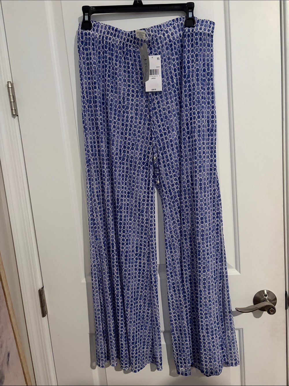 Wide-Leg Blue Printed Palazzo Pants, perfect Swim cover up Size Large NWT
